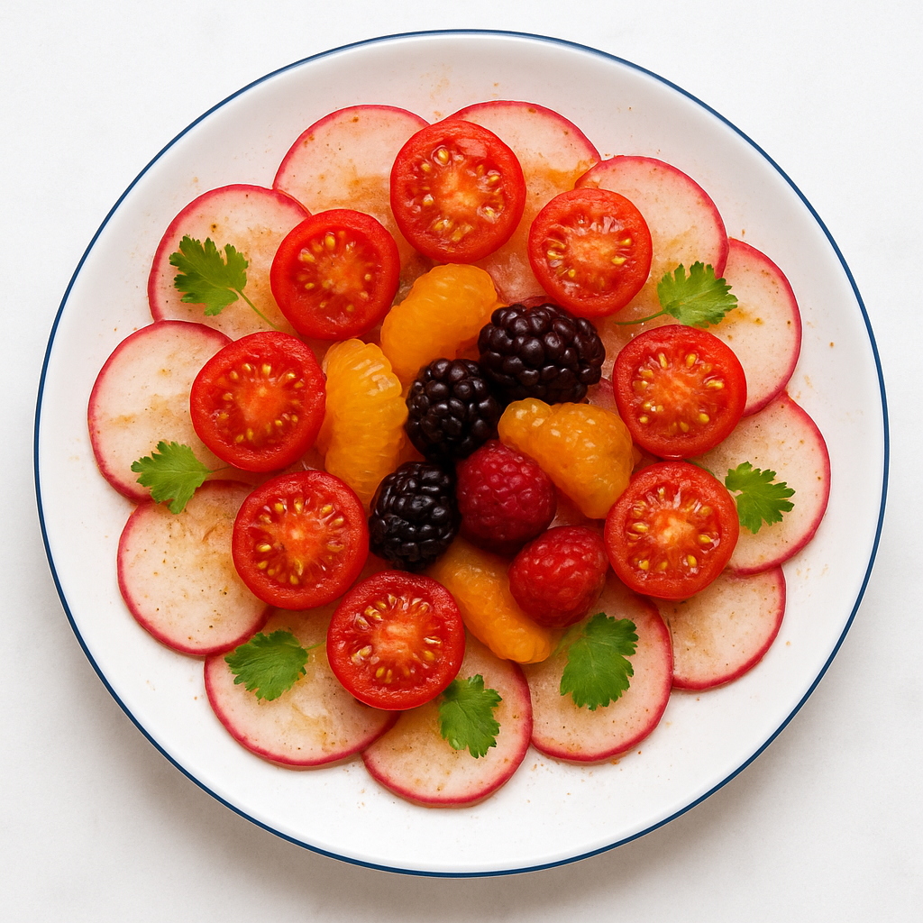 A salad for toddlers: berries, halved tomatoes, orange segments, and radish slices are all tossed in a soy and fish sauce vinagrette.