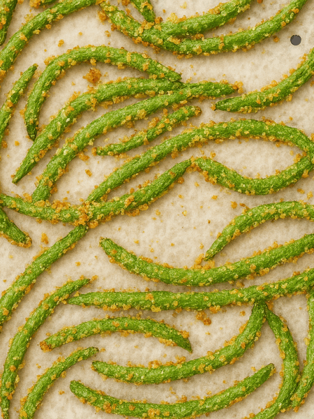 Toddler green beans are shown strewn about an air fryer pan.