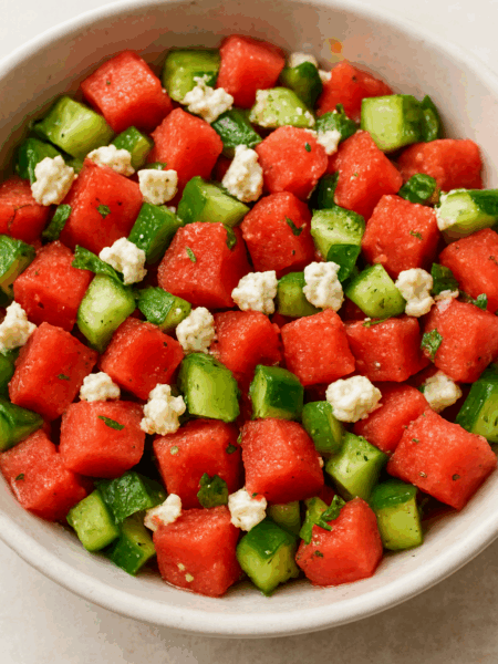 Close up of a watermelon and feta salad for toddlers, with the addition of cucumbers.