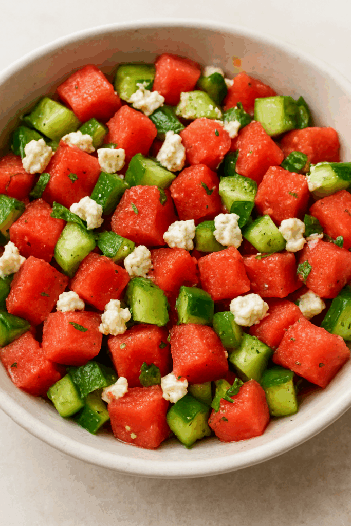 Close up of a watermelon and feta salad for toddlers, with the addition of cucumbers.