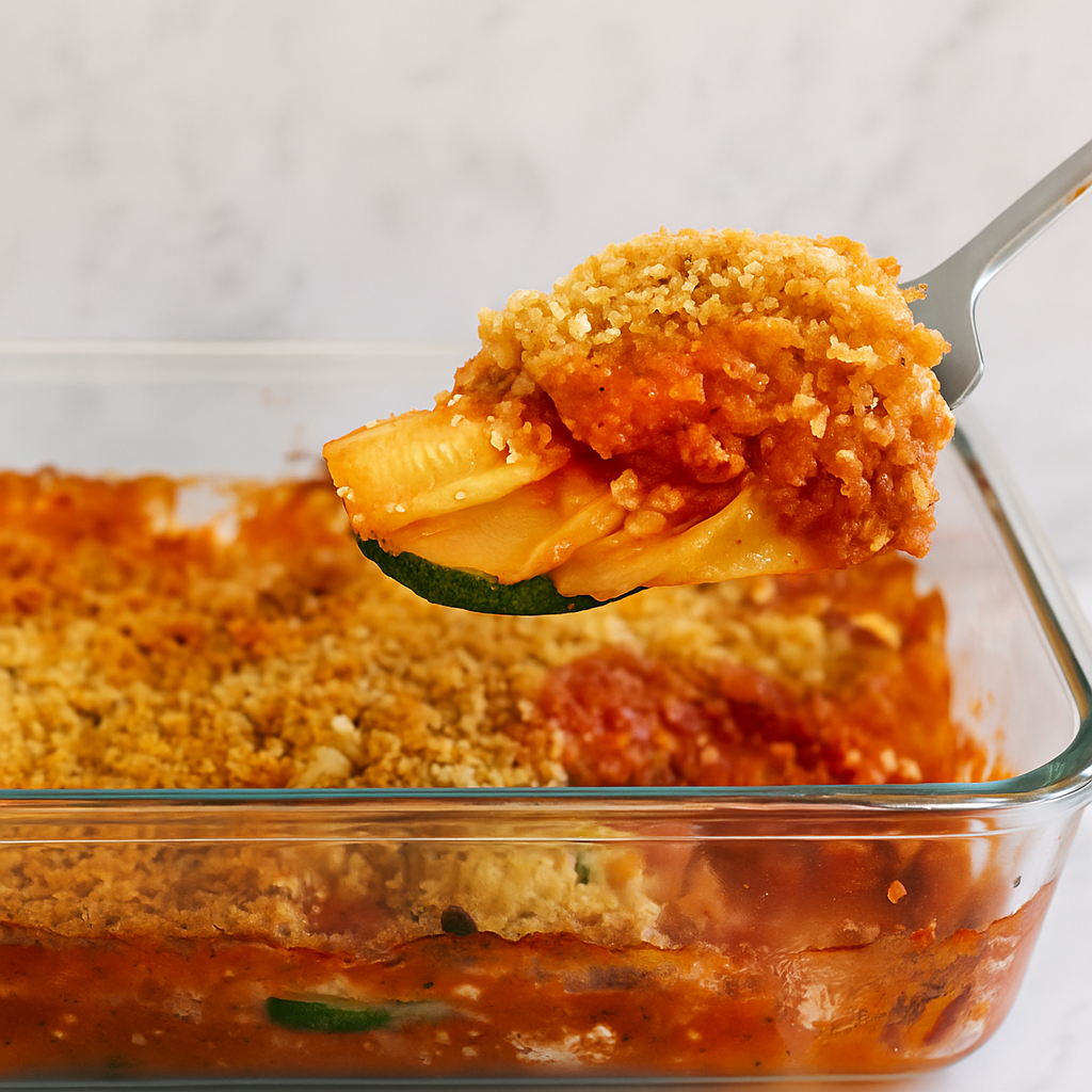 A square of zucchini parmesan for toddlers is lifting out of its baking dish.