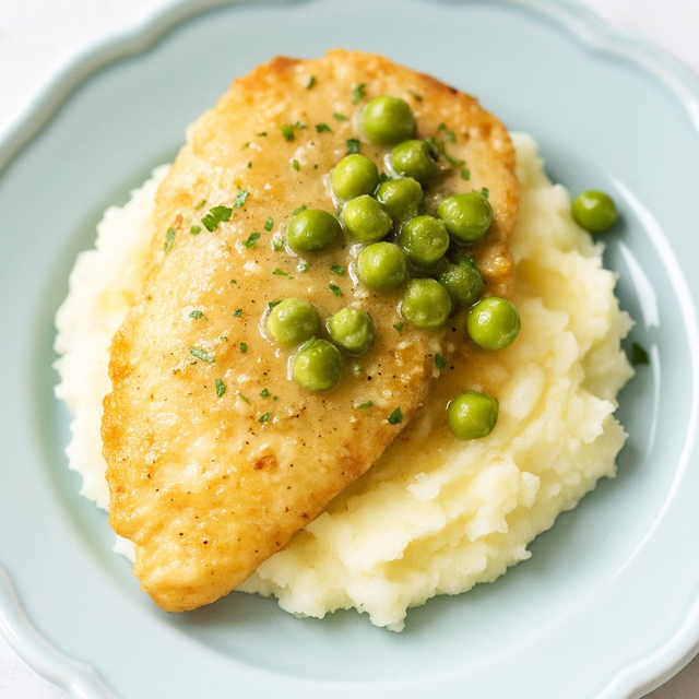 Chicken piccata for kids, showing a breaded chicken breast over mashed potatoes, topped with a pan butter sauce and peas.