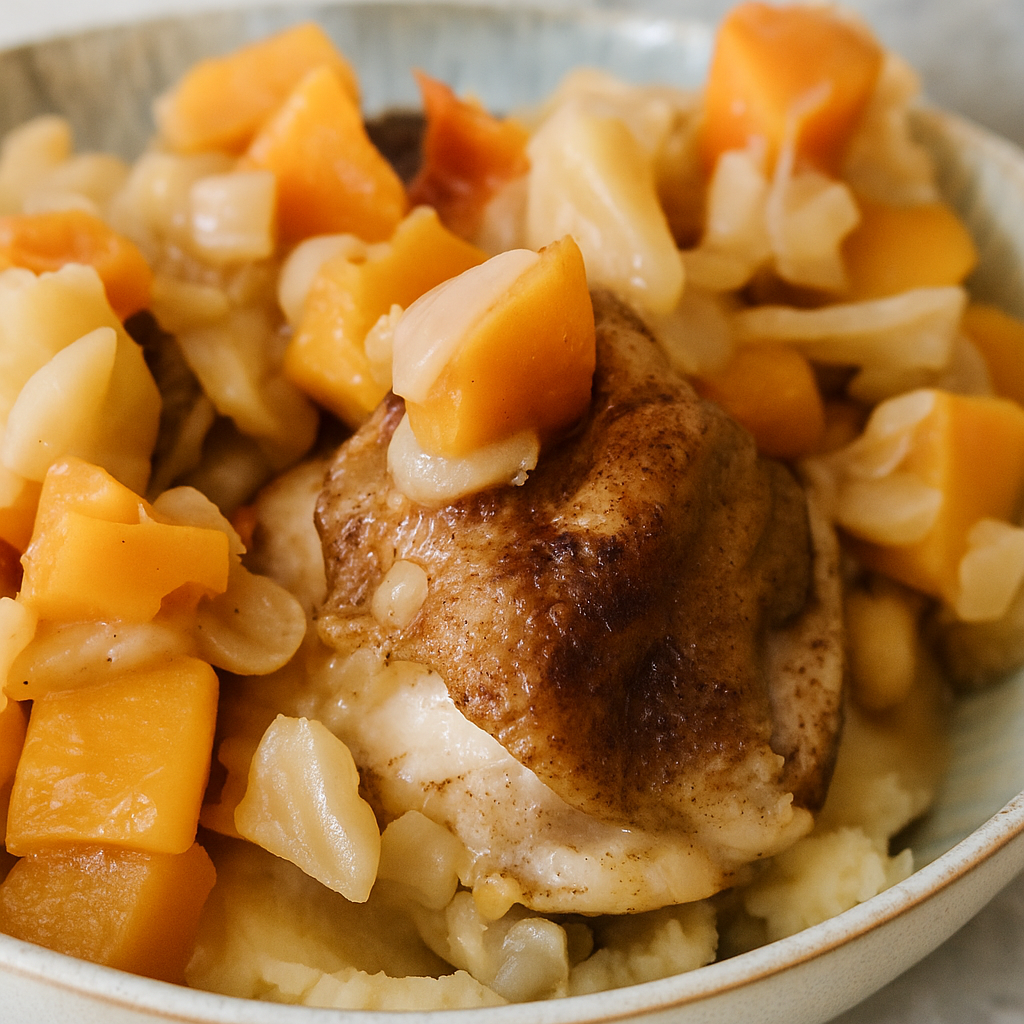A braised chicken thigh, apple pieces, and squash cubes are shown atop mashed potatoes.