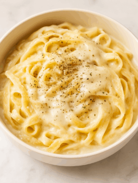 cauliflower fettucine alfredo, topped with cheese and herbs, is shown in a pasta bowl.