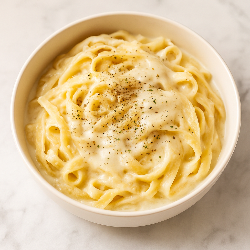 cauliflower fettucine alfredo, topped with cheese and herbs, is shown in a pasta bowl.
