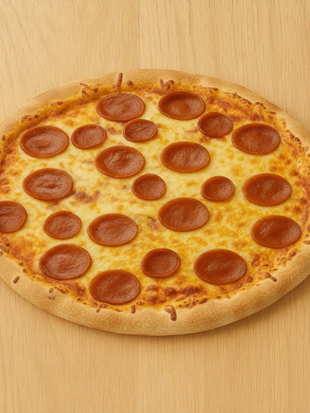 Homemade pizza dough for kids, here shown in finished form as a pepperoni pizza.