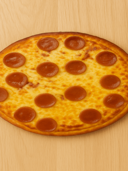 Homemade pizza dough for kids, here shown in finished form as a pepperoni pizza.