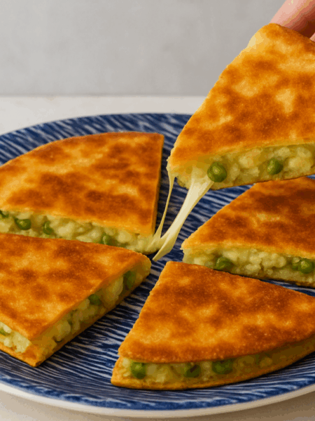 Cheese pull shown as a hand grabs a slice of the veggie quesadilla for kids (samosadilla) in the picture.