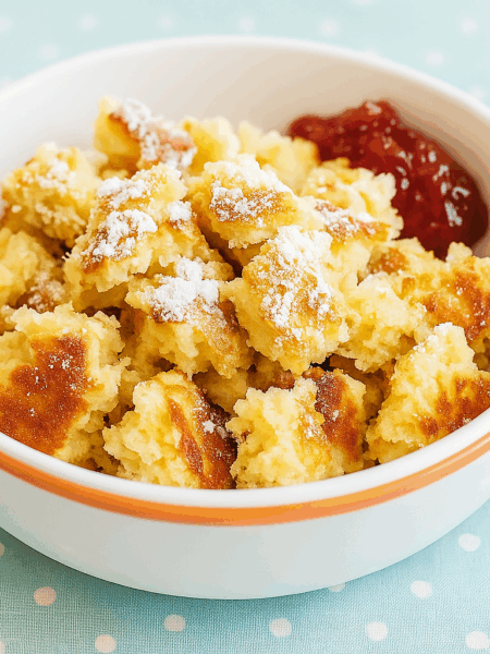 A toddler pancake recipe that draws inspiration from kaiserschmarnn, a torn Austrian pancake, is presented as a bowl full of bites and sided with jam.