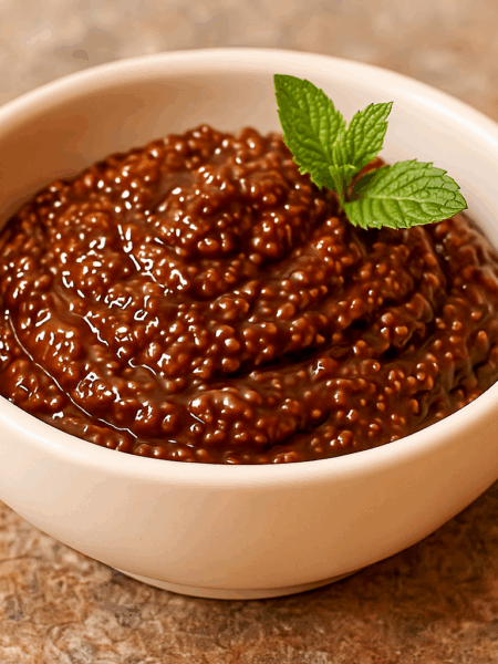 A bowl of chocolate chia pudding for kids