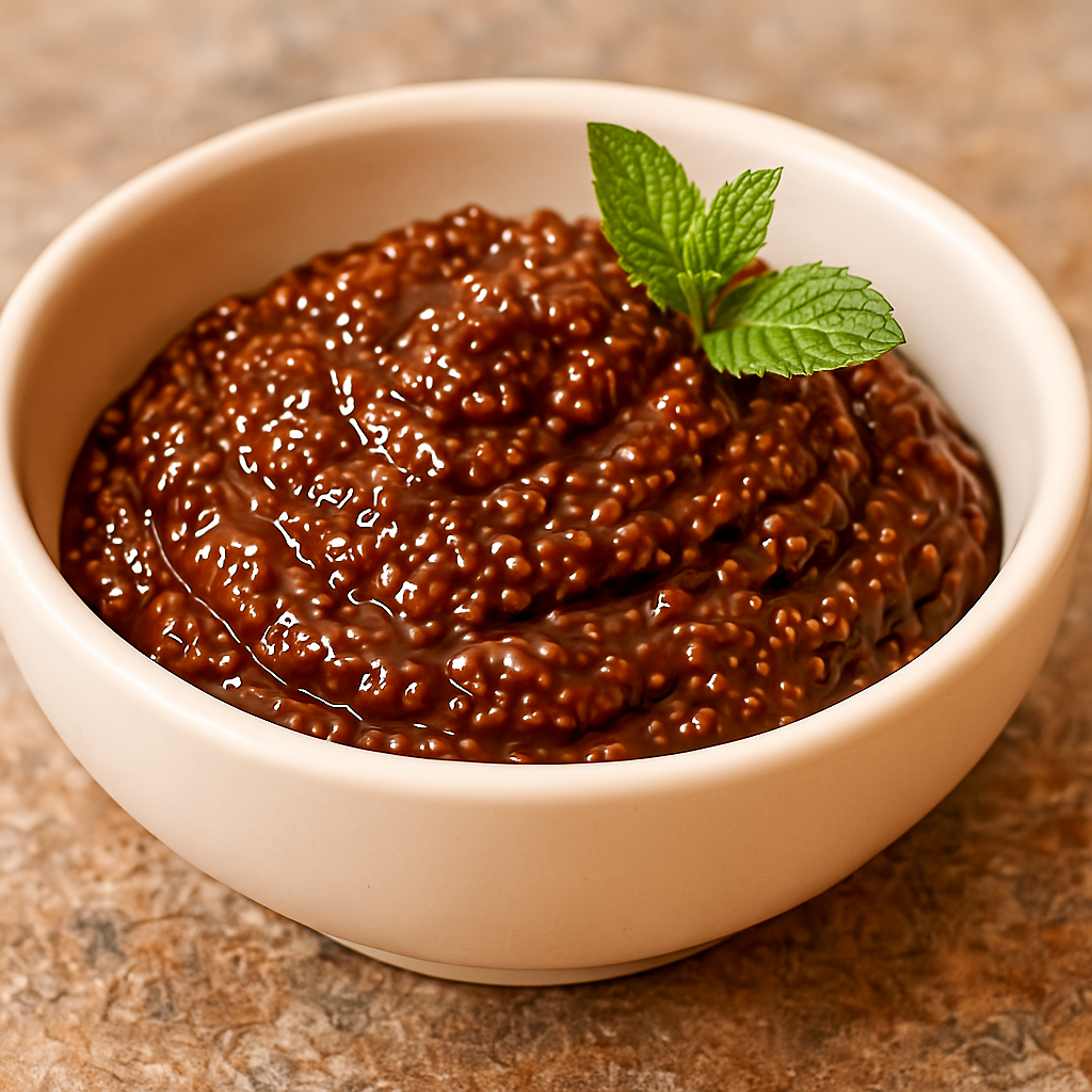 A bowl of chocolate chia pudding for kids