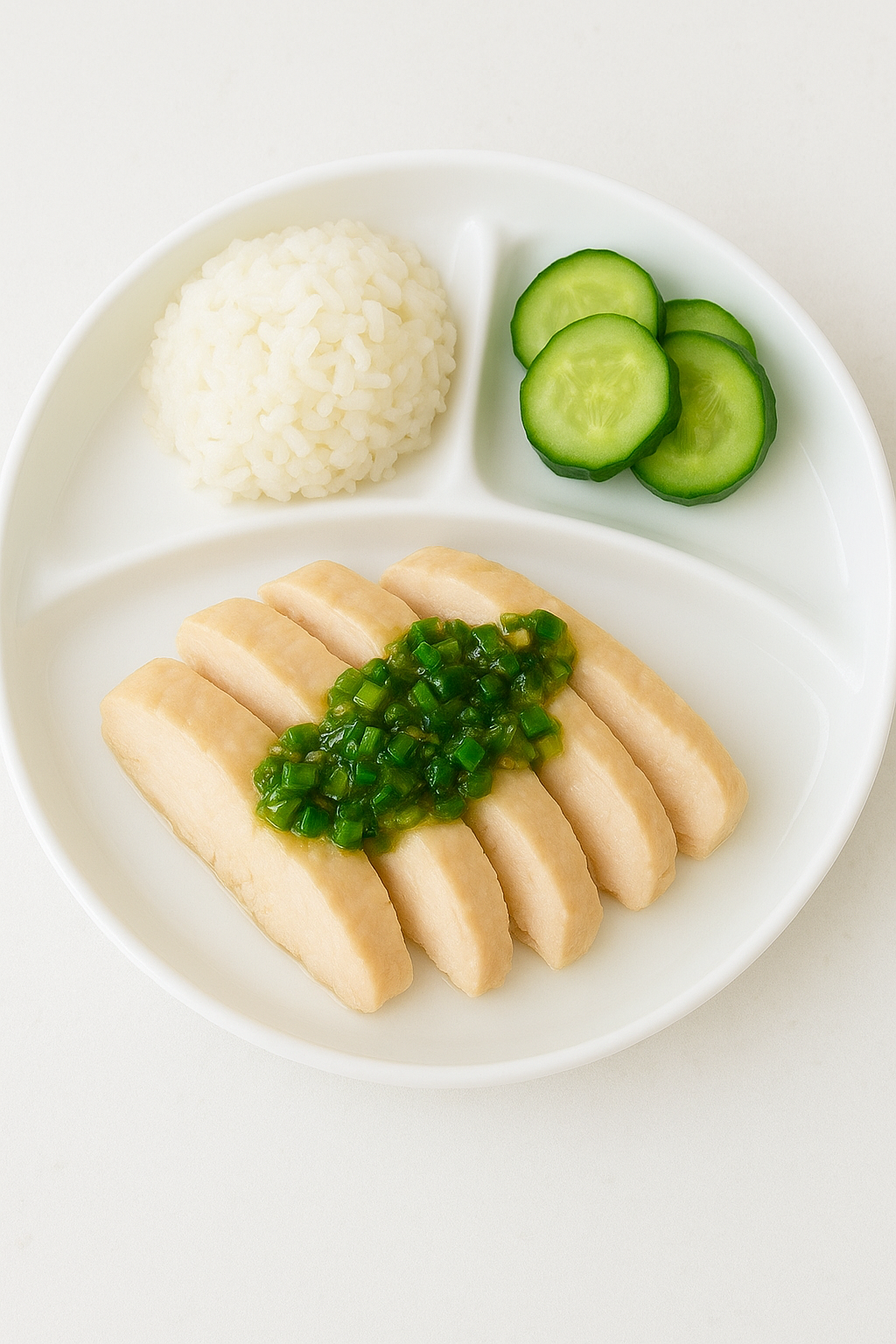 A plate of ginger scallion chicken rice (AKA, Hainan chicken) for toddlers: slices of chicken meat are fanned out in the main compartment, with ginger-scallion oil draped over the top; a mound of rice and cucumbers side the plate.