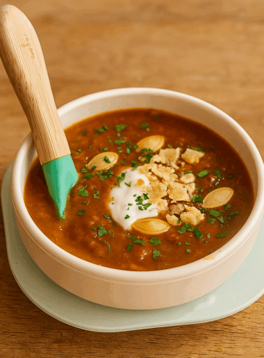 A bowl of quick and easy chili for kids, topped with roasted pumpkin seeds, sour cream, and cilantro.
