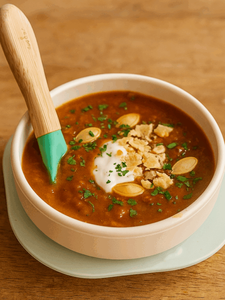A bowl of quick and easy chili for kids, topped with roasted pumpkin seeds, sour cream, and cilantro.