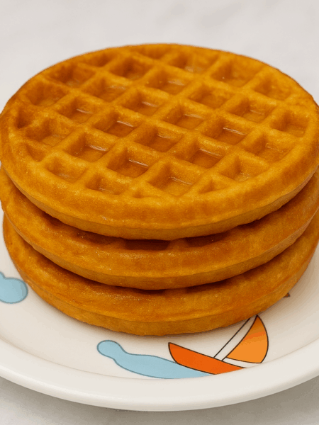A stack of root vegetable waffles, with a drizzle of maple syrup