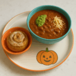 A toddler friendly version of bowl and a roll features pumpkin chili and a pumpkin glazed cinnamon roll.