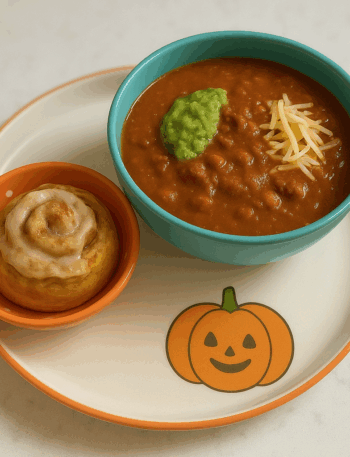 A toddler friendly version of bowl and a roll features pumpkin chili and a pumpkin glazed cinnamon roll.
