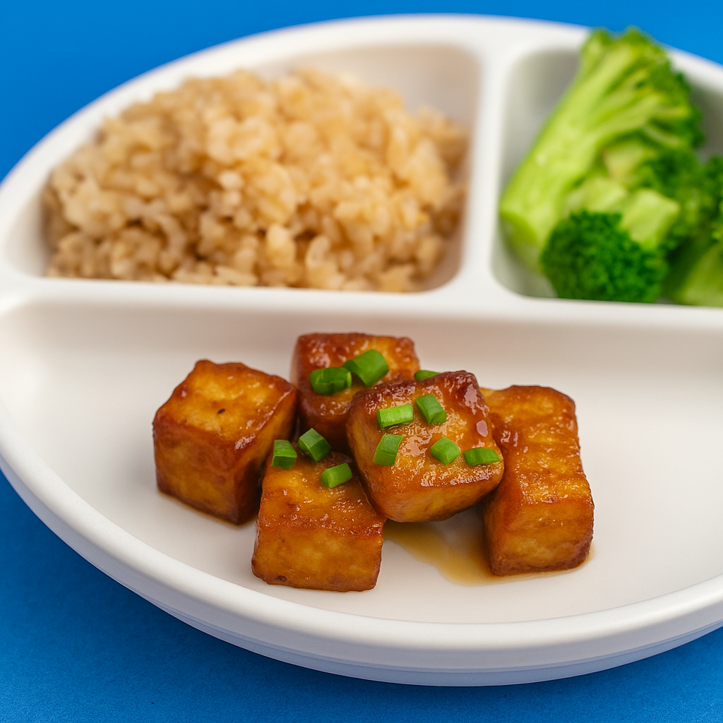 Cubes of tofu, cooked and sauced like orange chicken, are displayed on a plate that also includes brown rice and broccoli.