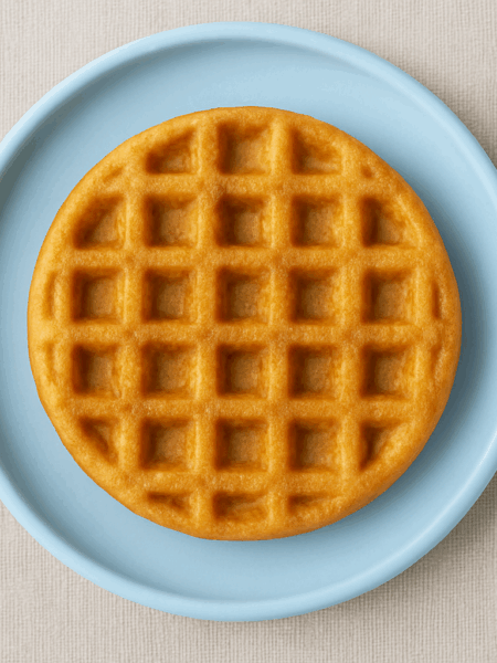 A waffle made of butternut squash and designed for infants is shown on a blue plate.