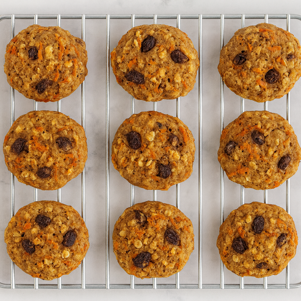 Rows of carrot oatmeal cookies for toddlers are shown resting on a cooling rack, with raisins, carrot strands, and nuts visible.