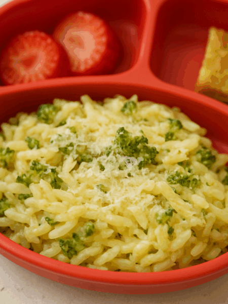 A pile of cheesy orzo with broccoli is presented on the side of a toddler plate.