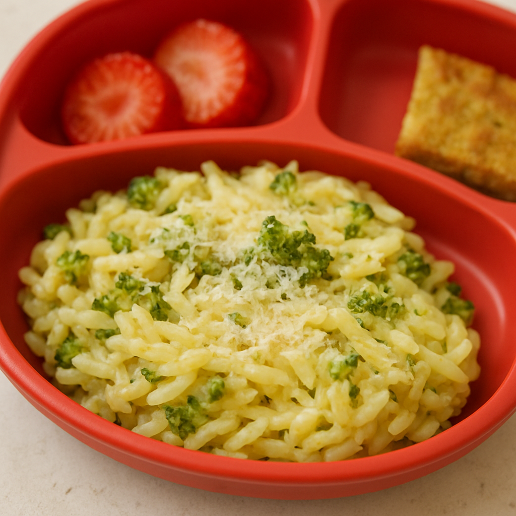 A pile of cheesy orzo with broccoli is presented on the side of a toddler plate.