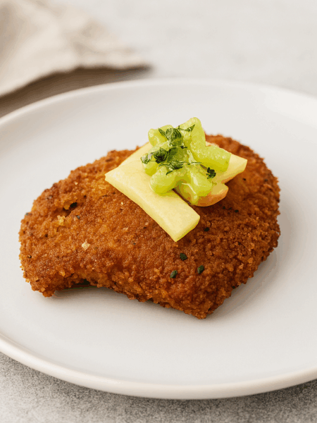 A pork schnitzel for kids is shown topped with slices of apples and celery.