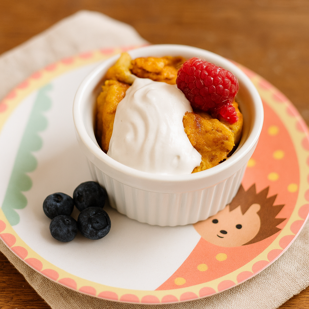A ramekin of pumpking maple bread pudding is shown with whipped cream and berries on top.