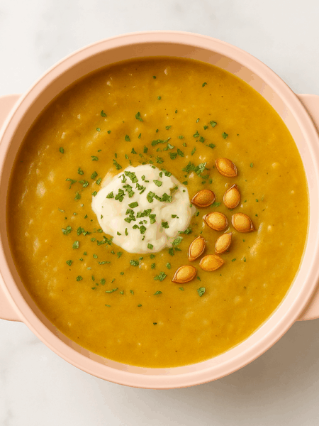 A bowl of squash lentil soup for toddlers, topped with a dollop of yogurt, cilantro, and pumpkin seeds