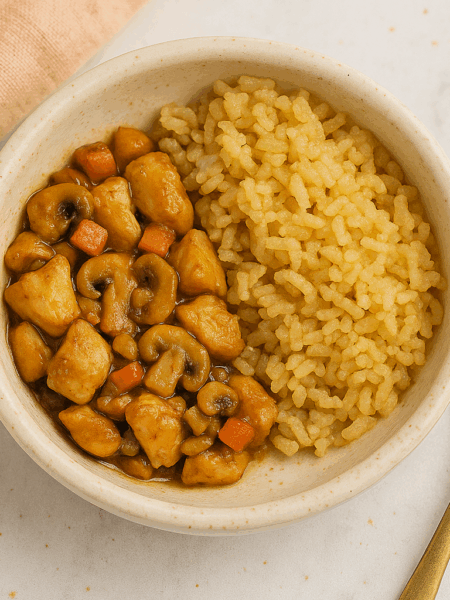 A good first stir fry for toddlers, featuring moist chicken, vegetables, and rice.