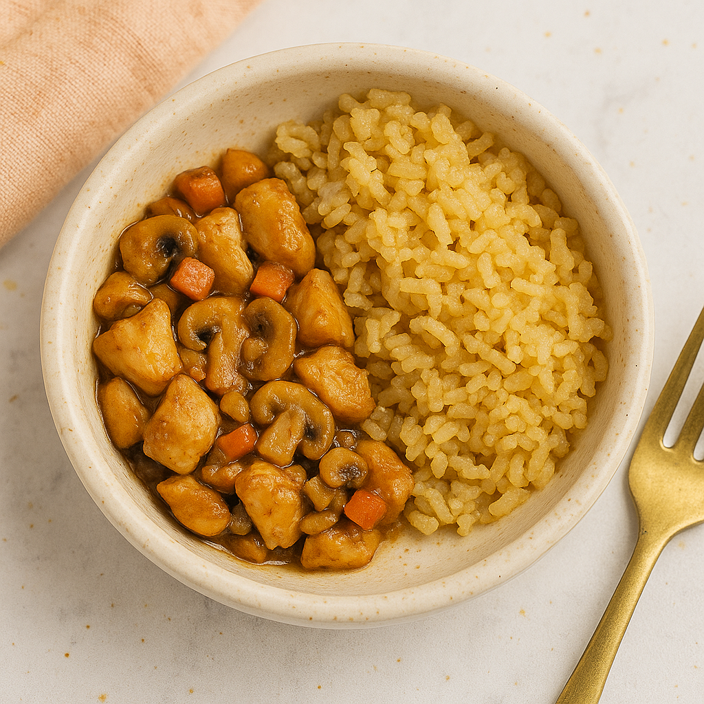 A good first stir fry for toddlers, featuring moist chicken, vegetables, and rice.