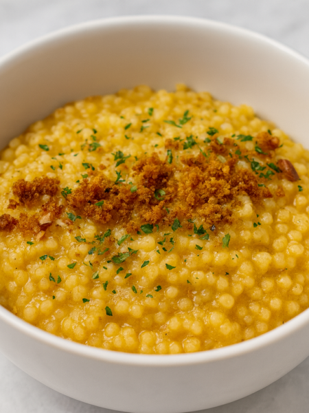 A bowl of pumpkin pastina, cooked in the style of a risotto, is shown studded with a cashew and breadcrumb topping.