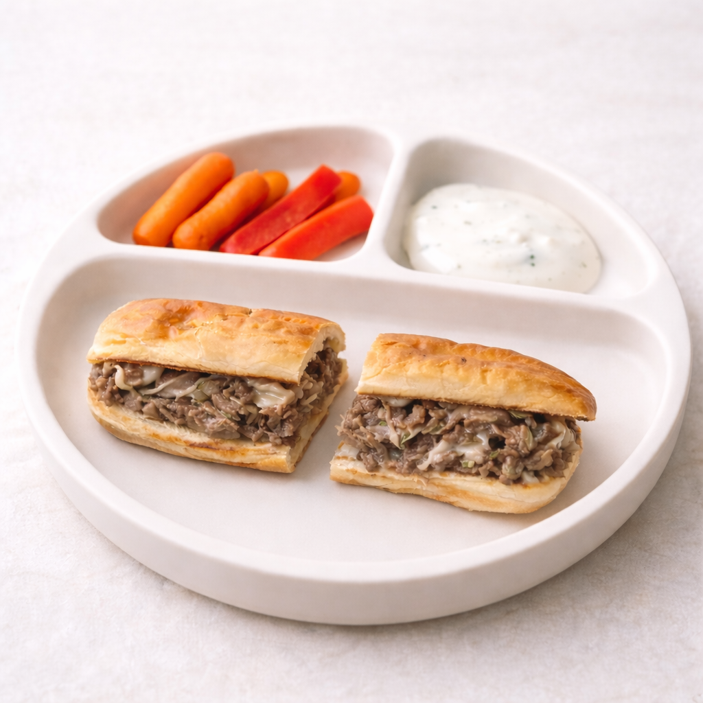 A toddler philly cheesesteak is shown sliced in half and plated with carrots and ranch.