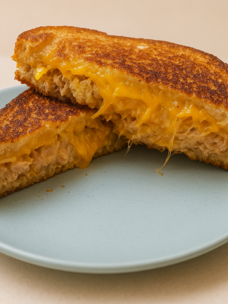 A tuna sandwich for kids is halved and stacked to show its interior of gooey cheese, potato chips, and tuna salad spread.