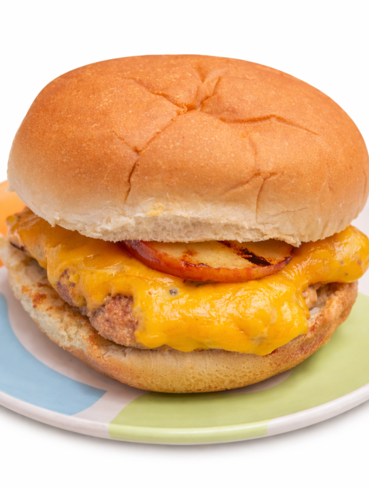 A cheddar apple turkey burger for kids is shown on a colorful plate.
