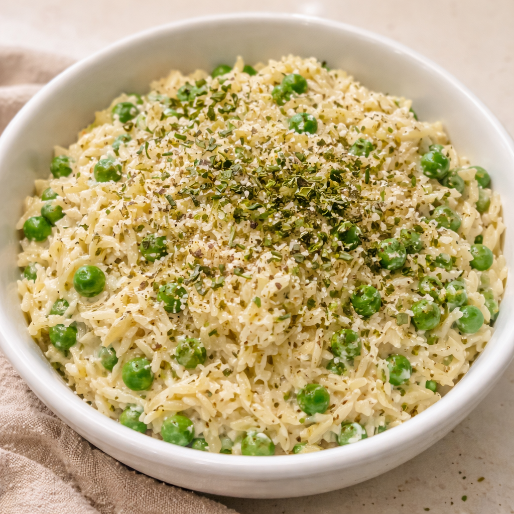 A bowl full of creamy orzo, studded with peas and cheese; herbs are strewn on top.