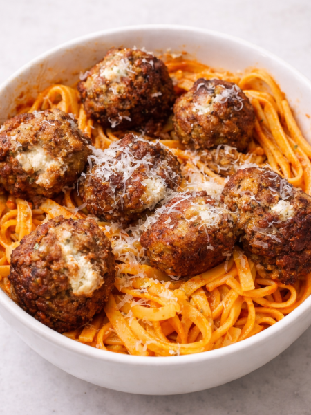 A bowl of cheese stuffed meatballs strewn over spaghetti with tomato sauce.