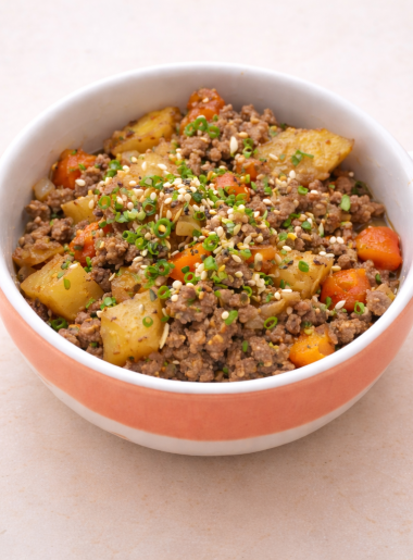 A bowl of ginger beef stew, with nubbins of ground beef, potato, and carrot strewn about the top.