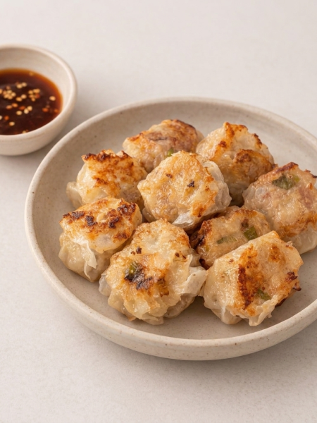 A bowl full of pork dumpling meatballs for kids, with crisped skin side showing; a side of sweetened soy is shown in a ramekin next to the bowl.
