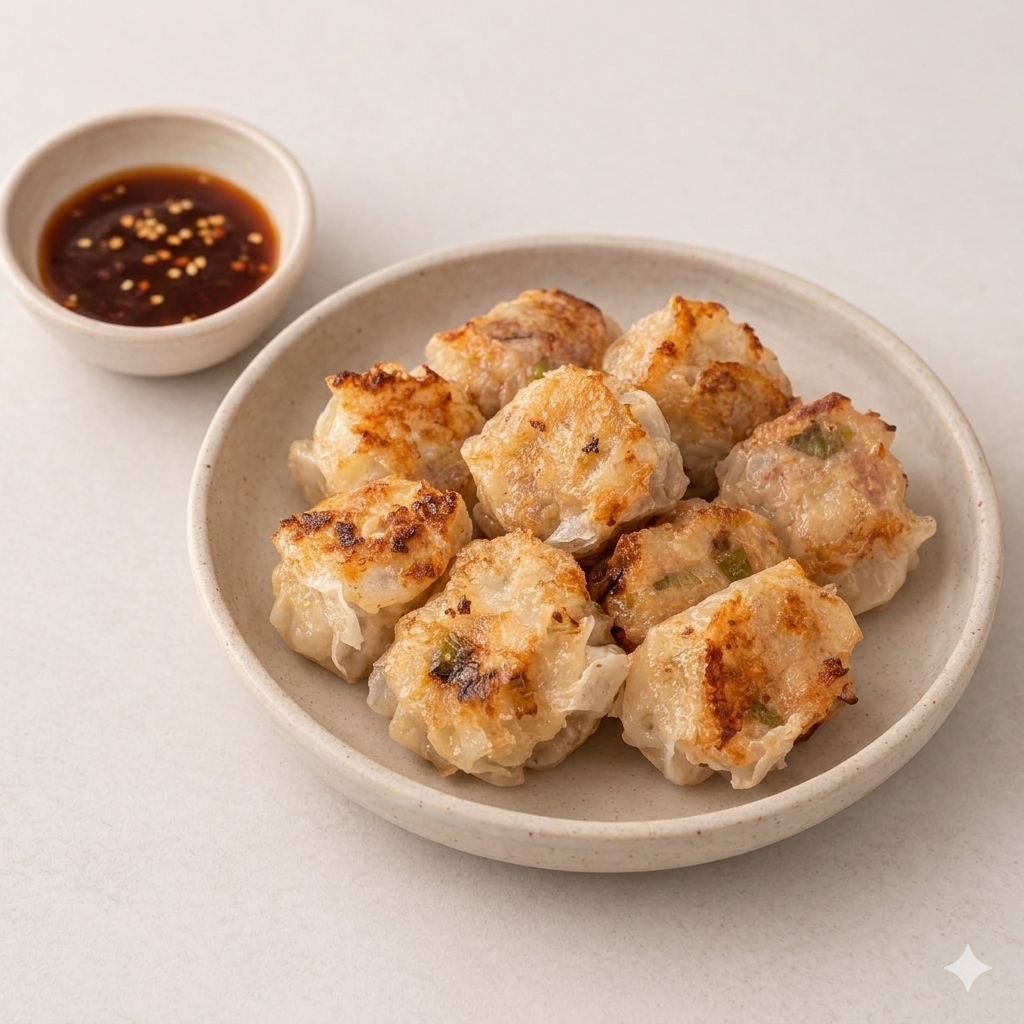 A bowl full of pork dumpling meatballs for kids, with crisped skin side showing; a side of sweetened soy is shown in a ramekin next to the bowl.