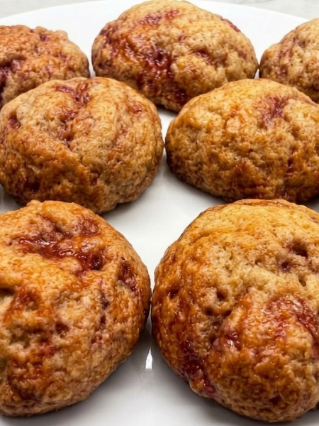 A batch of low sugar cookies for toddlers are shown on a plate, streaks of jam visible throughout each cookie.