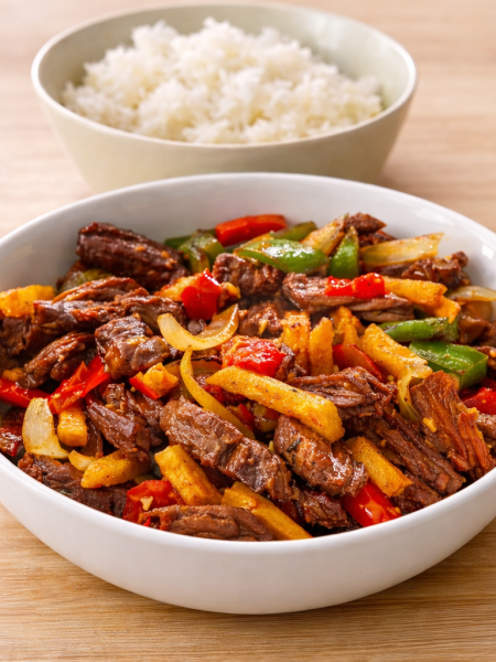 A serving bowl is shown filled with a steak stir fry recipe similar to lomo saltado, with plenty of steak strips, onion slices, green pepper pieces, and french fries evident at the top of the pile; in the background, a small bowl of rice sides it.