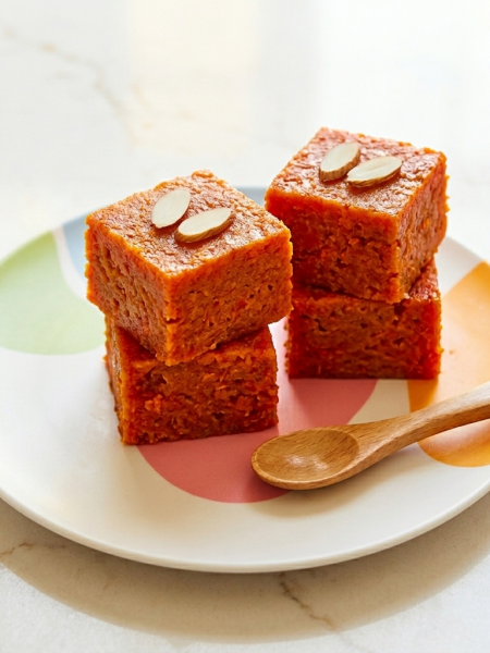 Small stacks of sweet carrot bites for toddlers (carrot halwa) are shown topped with slivered almonds and shown on a plate, with a small spoon in front.
