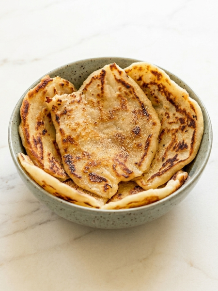 Bowl is filled with small pieces of flatbread made of leftover mashed potatoes.