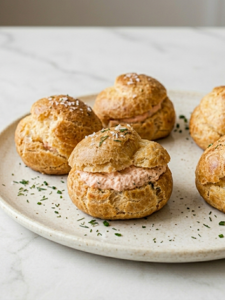 A plate of salmon puffs for toddlers is shown with the salmon filling spilling out of the middle of the puffs; parsley flakes dot the plate.