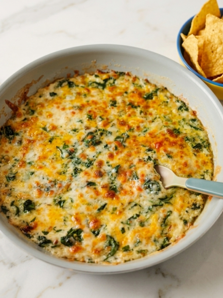 A large pan full of a spinach and cheese dip for kids is sided by a small bowl of tortilla chips with which to dip into the mix.