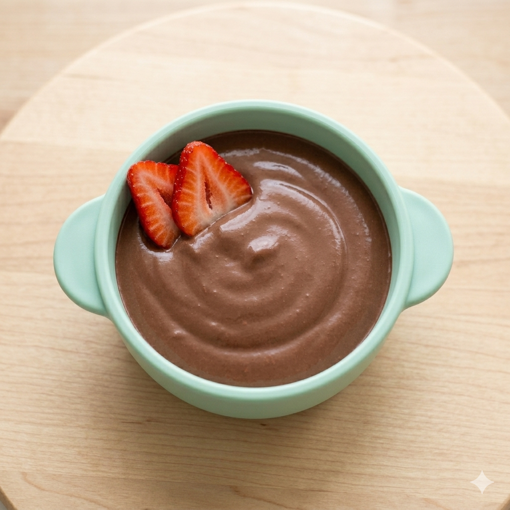 A blue bowl is filled with a high-protein chocolate pudding; two strawberry slices crown the top of the bowl.