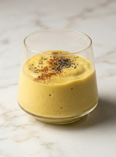A small glass cup holds a tropical protein smoothie for toddlers, with flecks of cinnamon and chia seeds dusting the top.
