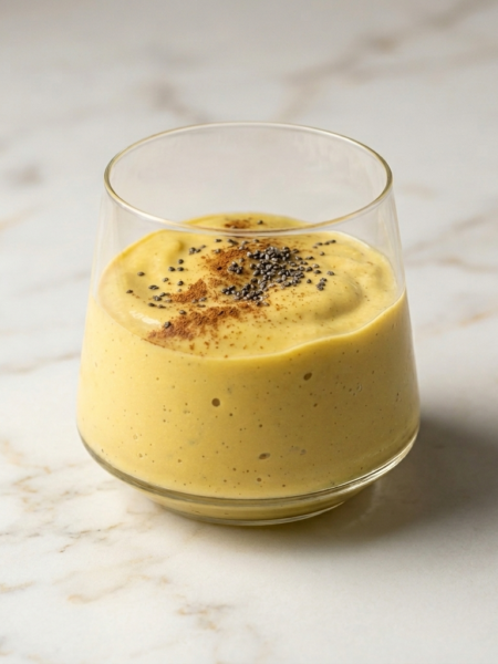 A small glass cup holds a tropical protein smoothie for toddlers, with flecks of cinnamon and chia seeds dusting the top.