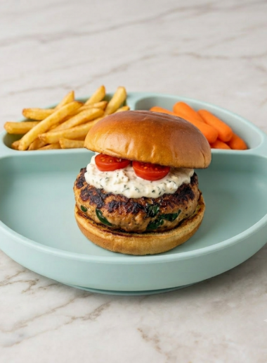 A grilled chicken burger with spinach evident inside it is shown on a bun and topped with a chunky yogurt sauce and cherry tomato slices; french fries and baby carrots are located in the plate's other compartments.